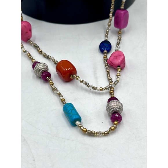 CHICO'S Multi Color and Shapes Beaded Double Strand Matte Gold Tone Necklace - Picture 2 of 16